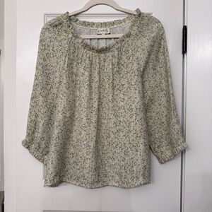 Ditsy Floral Smocked Blouse Sage Green Boho Cottagecore Peasant Top -Size L